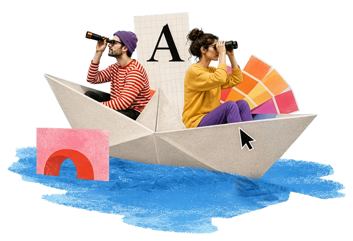 Two creatives sailing a paper boat, scanning the horizon